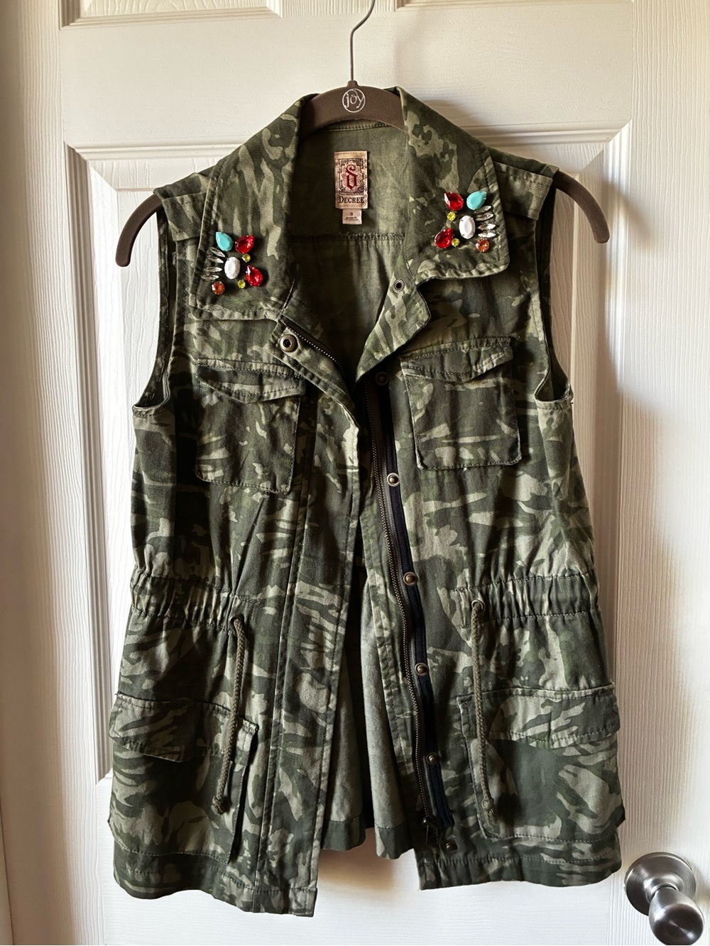 Decree Olive Camouflage Sleeveless Utility Vest with Jeweled Collar